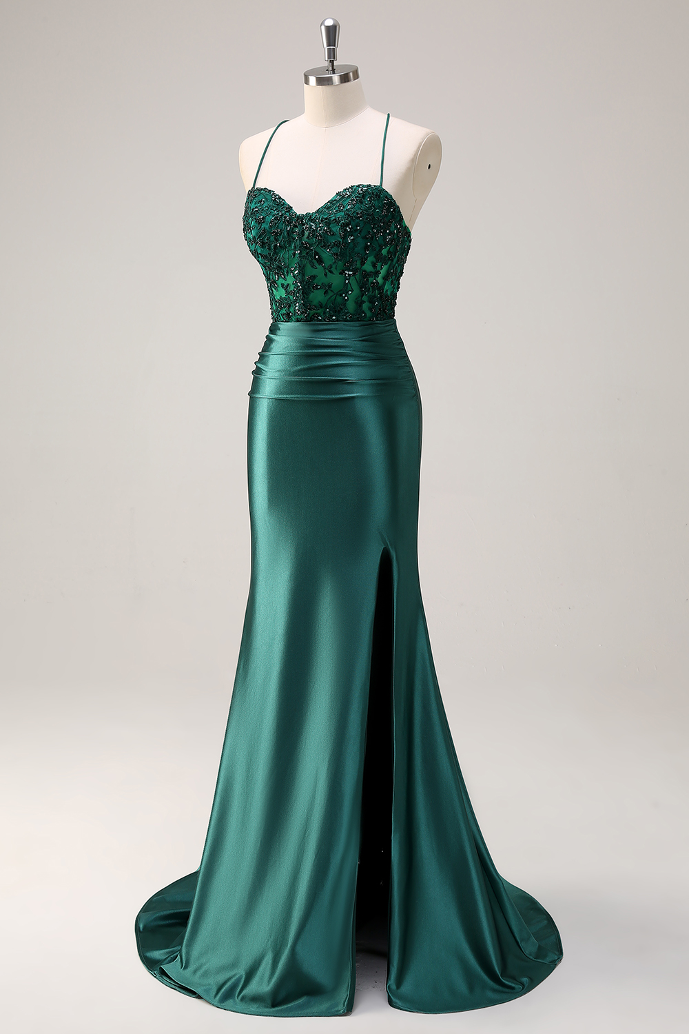 Dark Green Spaghetti Straps Satin Mermaid Long Corset Prom Dress with Slit