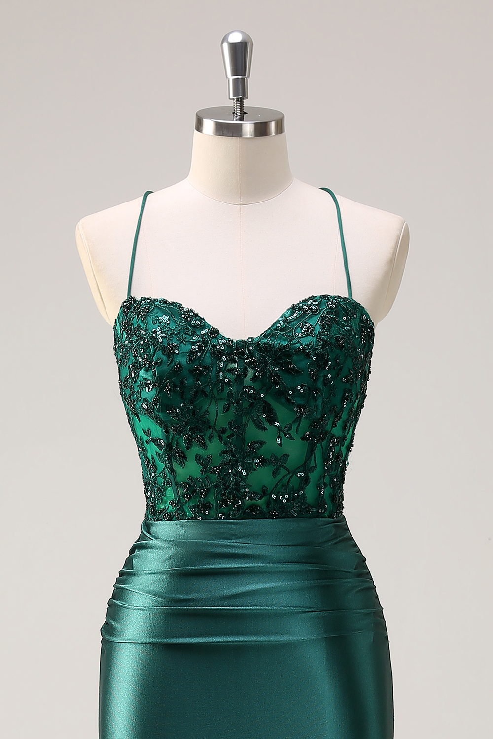 Dark Green Spaghetti Straps Satin Mermaid Long Corset Prom Dress with Slit