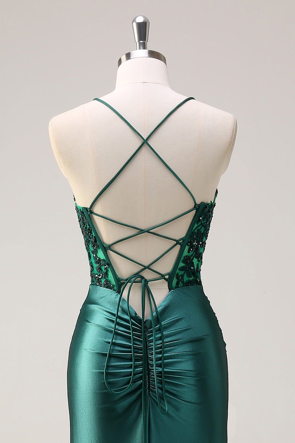 Dark Green Spaghetti Straps Satin Mermaid Long Corset Prom Dress with Slit