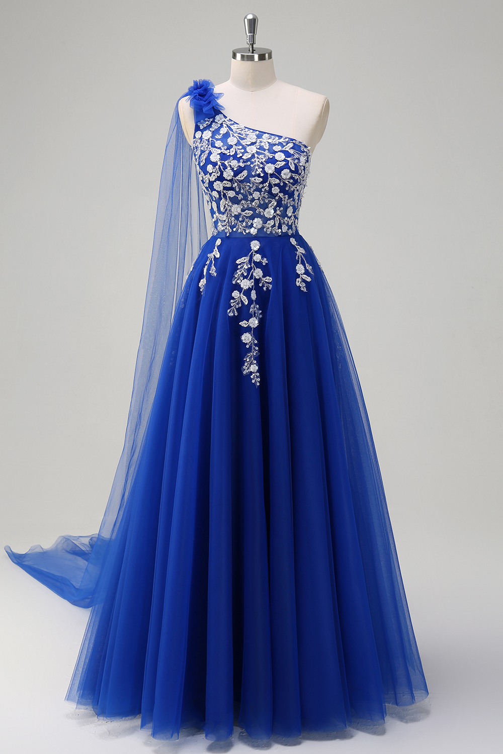 Royal Blue One Shoulder A-Line Tulle Long Corset Prom Dress with Appliques