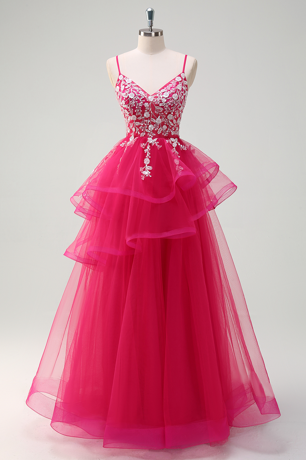 Fuchsia Spaghetti Straps Princess Tulle Tiered Long Prom Dress with Appliques