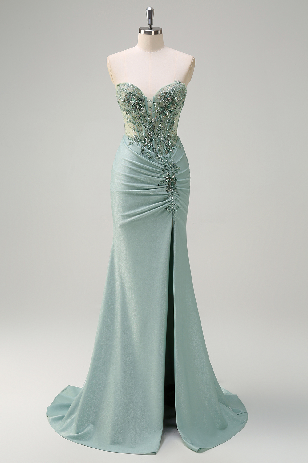 Glitter Grey Green Sweetheart Beaded Mermaid Long Corset Prom Dress with Slit