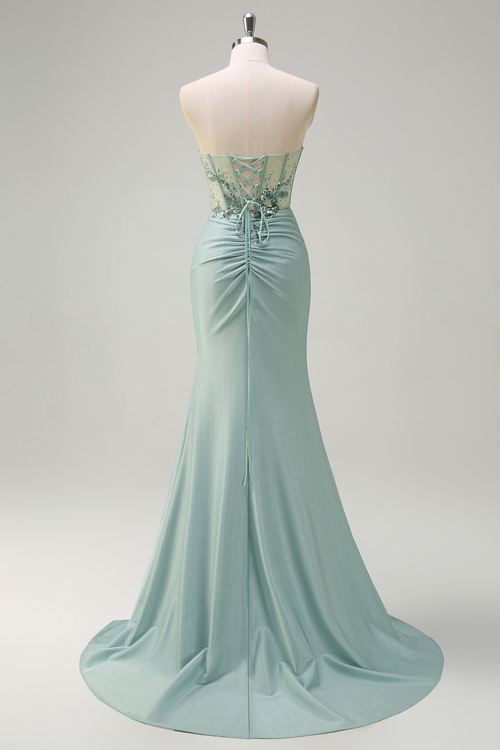 Glitter Grey Green Sweetheart Beaded Mermaid Long Corset Prom Dress with Slit