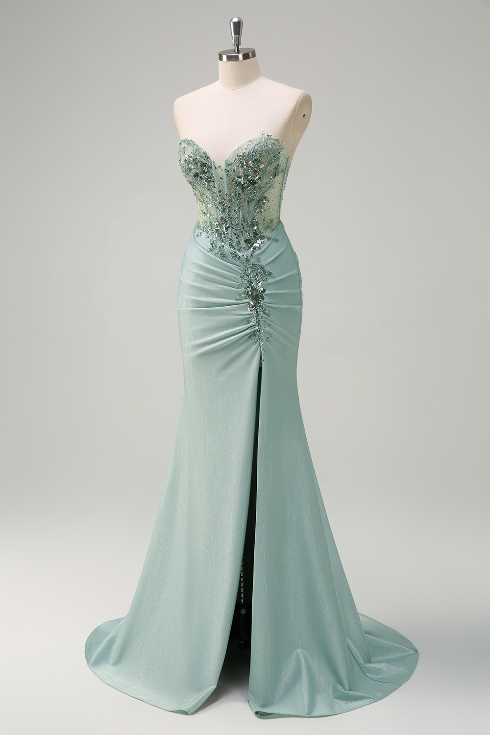 Glitter Grey Green Sweetheart Beaded Mermaid Long Corset Prom Dress with Slit