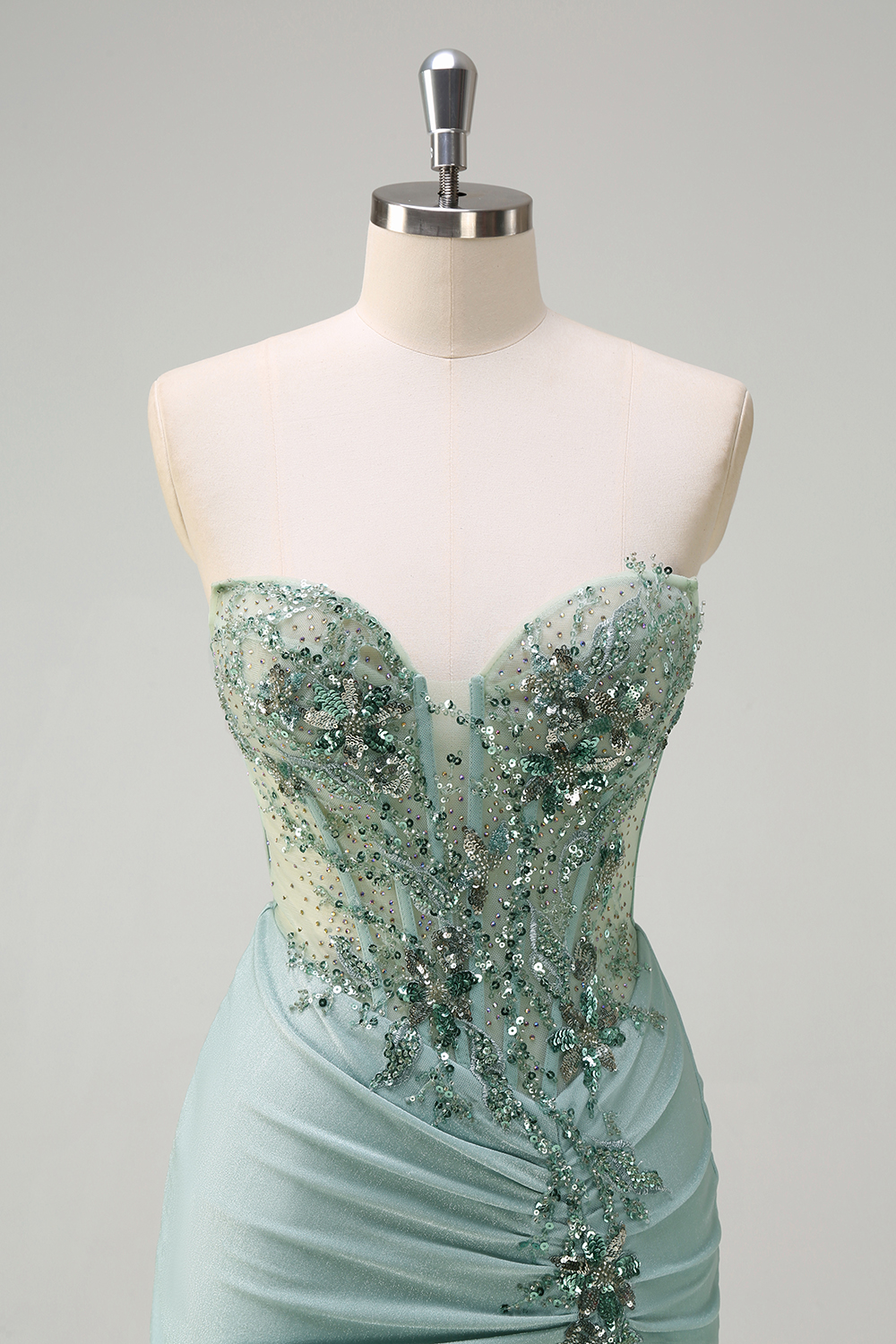 Glitter Grey Green Sweetheart Beaded Mermaid Long Corset Prom Dress with Slit