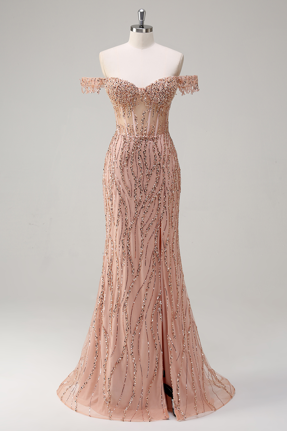 Dusty Rose Off the Shoulder Sequins Mermaid Long Prom Dress with Beading