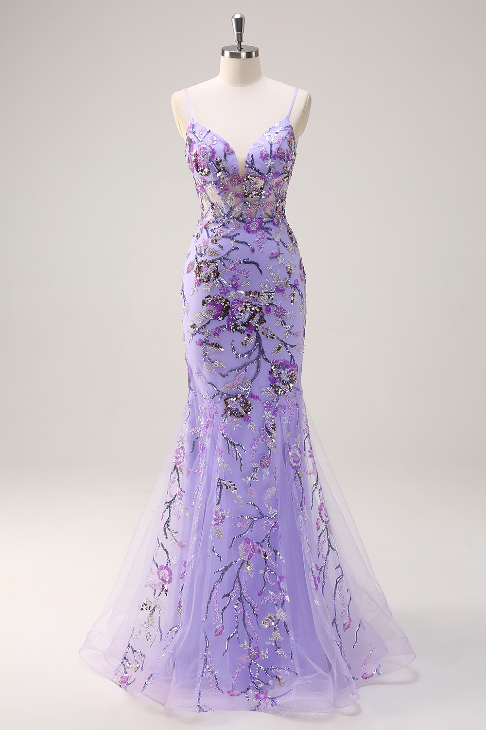 Sparkly Purple Spaghetti Straps Sequins Mermaid Long Corset Prom Dress 