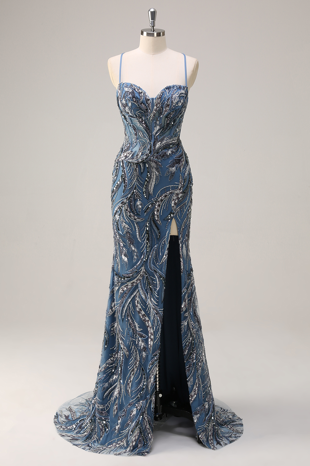 Sparkly Twilight Blue Spaghetti Straps Sequins Mermaid Long Corset Prom Dress with Slit