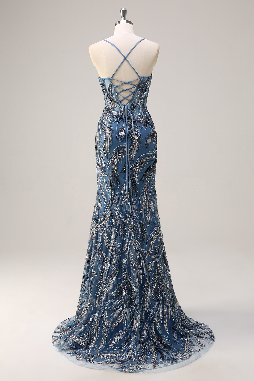 Sparkly Twilight Blue Spaghetti Straps Sequins Mermaid Long Corset Prom Dress with Slit