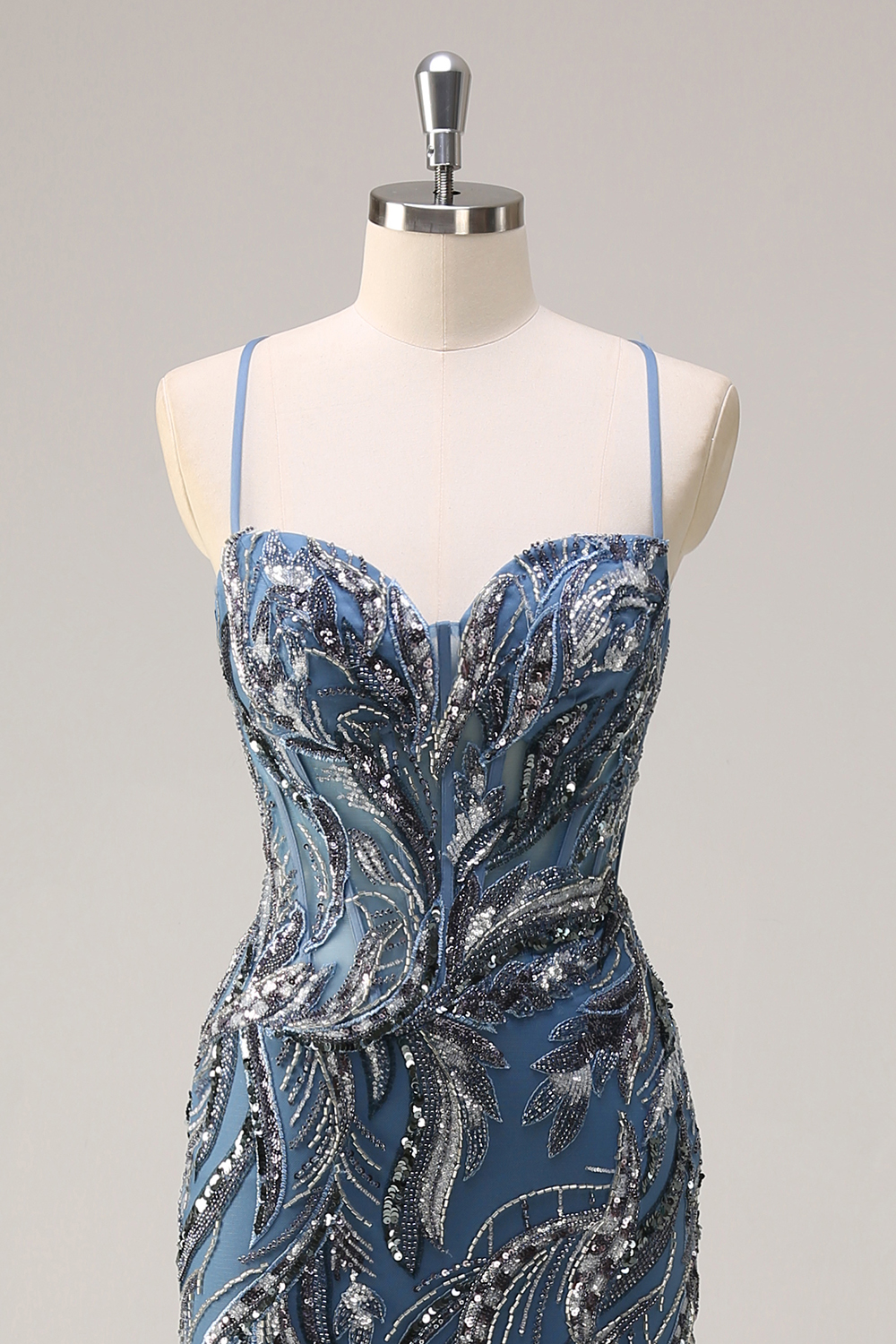 Sparkly Twilight Blue Spaghetti Straps Sequins Mermaid Long Corset Prom Dress with Slit