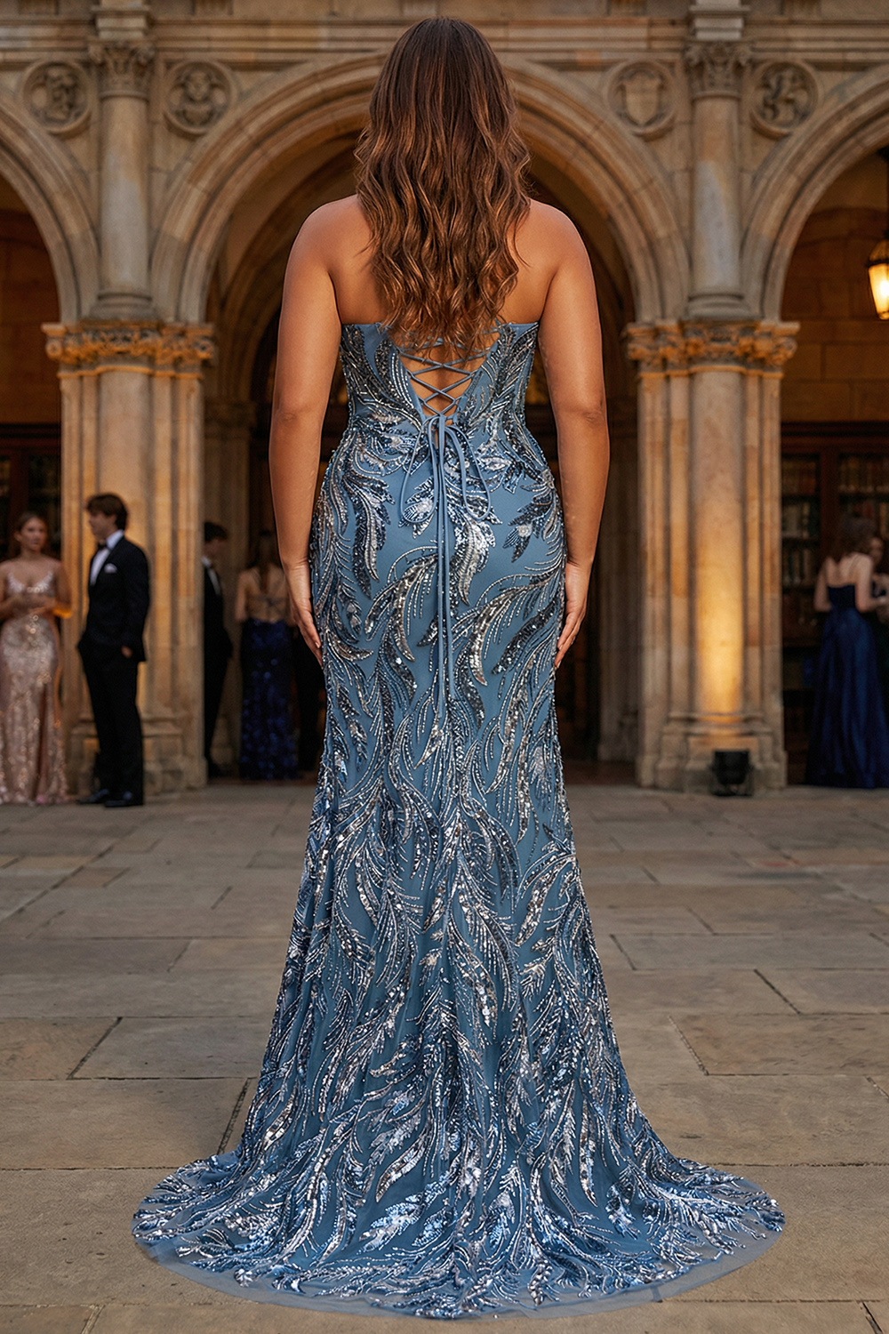 Plus Size Twilight Blue Corset Sequins Mermaid Long Sparkly Prom Dress with Slit