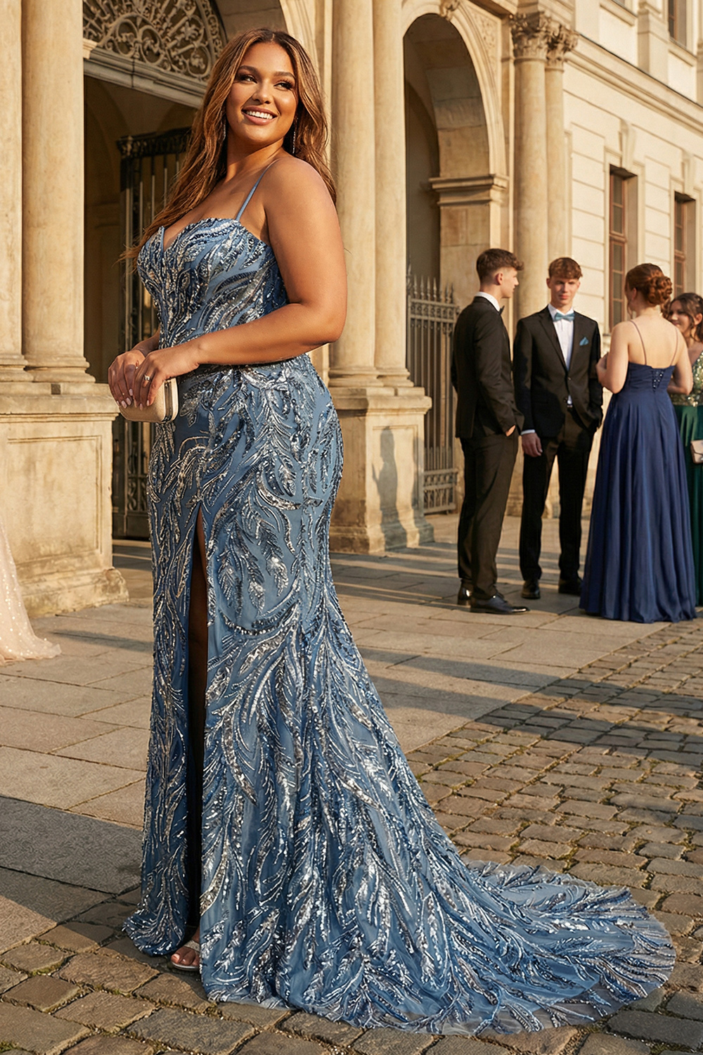 Plus Size Twilight Blue Corset Sequins Mermaid Long Sparkly Prom Dress with Slit