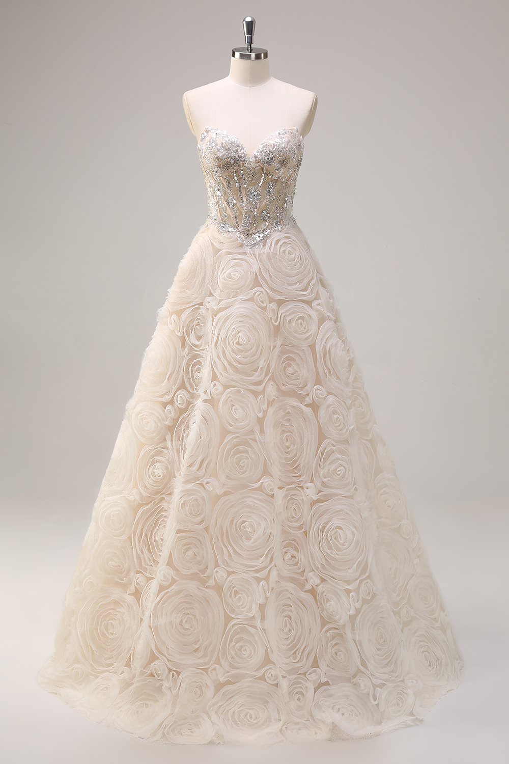 Champagne Sweetheart Princess Tulle Long Corset Prom Dress with Sequins
