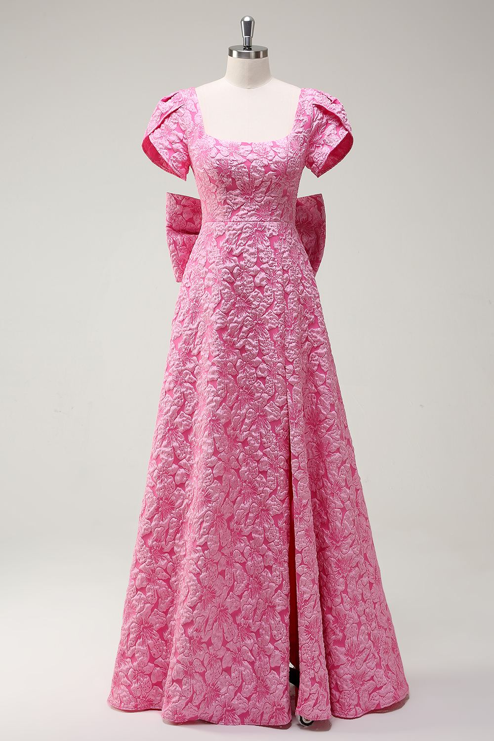 Fuchsia Puff Sleeves Floral Jacquard Square Neck A-Line Long Prom Dress with Slit