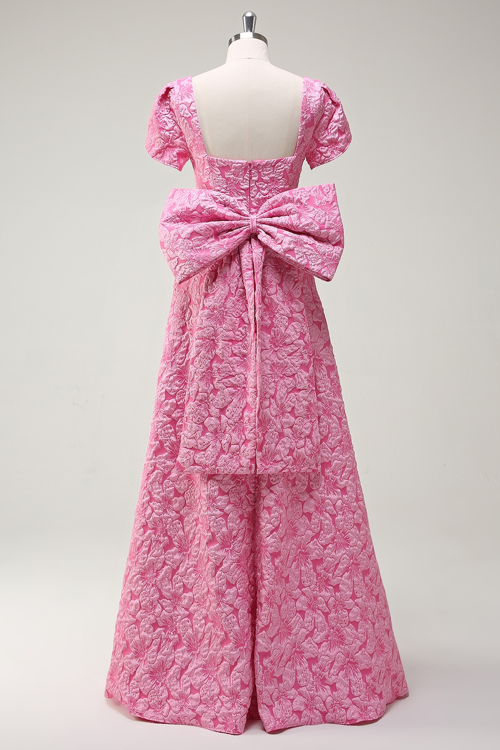Fuchsia Puff Sleeves Floral Jacquard Square Neck A-Line Long Prom Dress with Slit