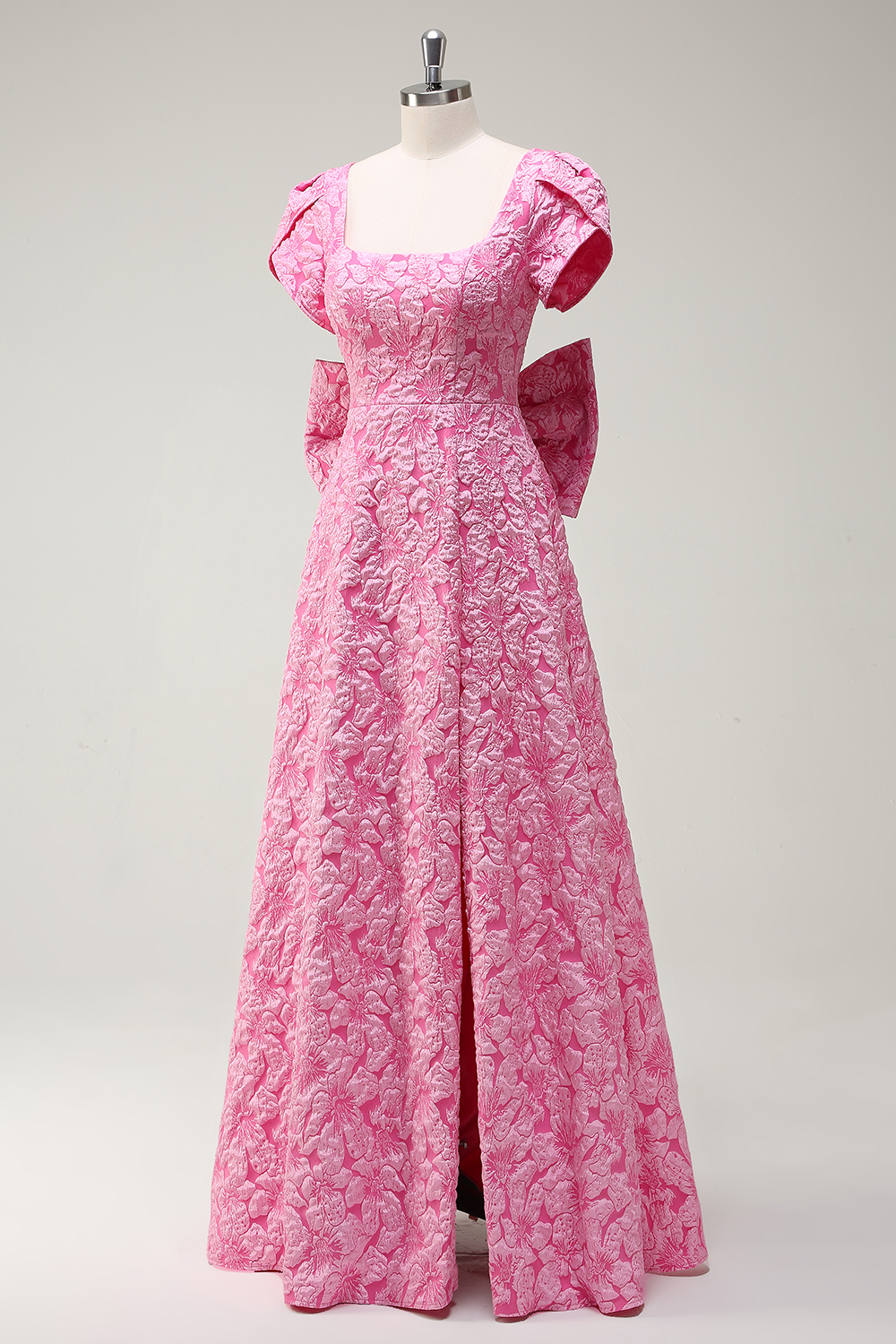 Fuchsia Puff Sleeves Floral Jacquard Square Neck A-Line Long Prom Dress with Slit