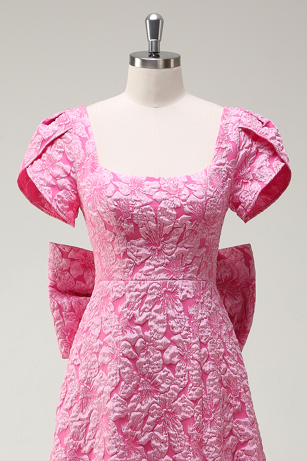Fuchsia Puff Sleeves Floral Jacquard Square Neck A-Line Long Prom Dress with Slit