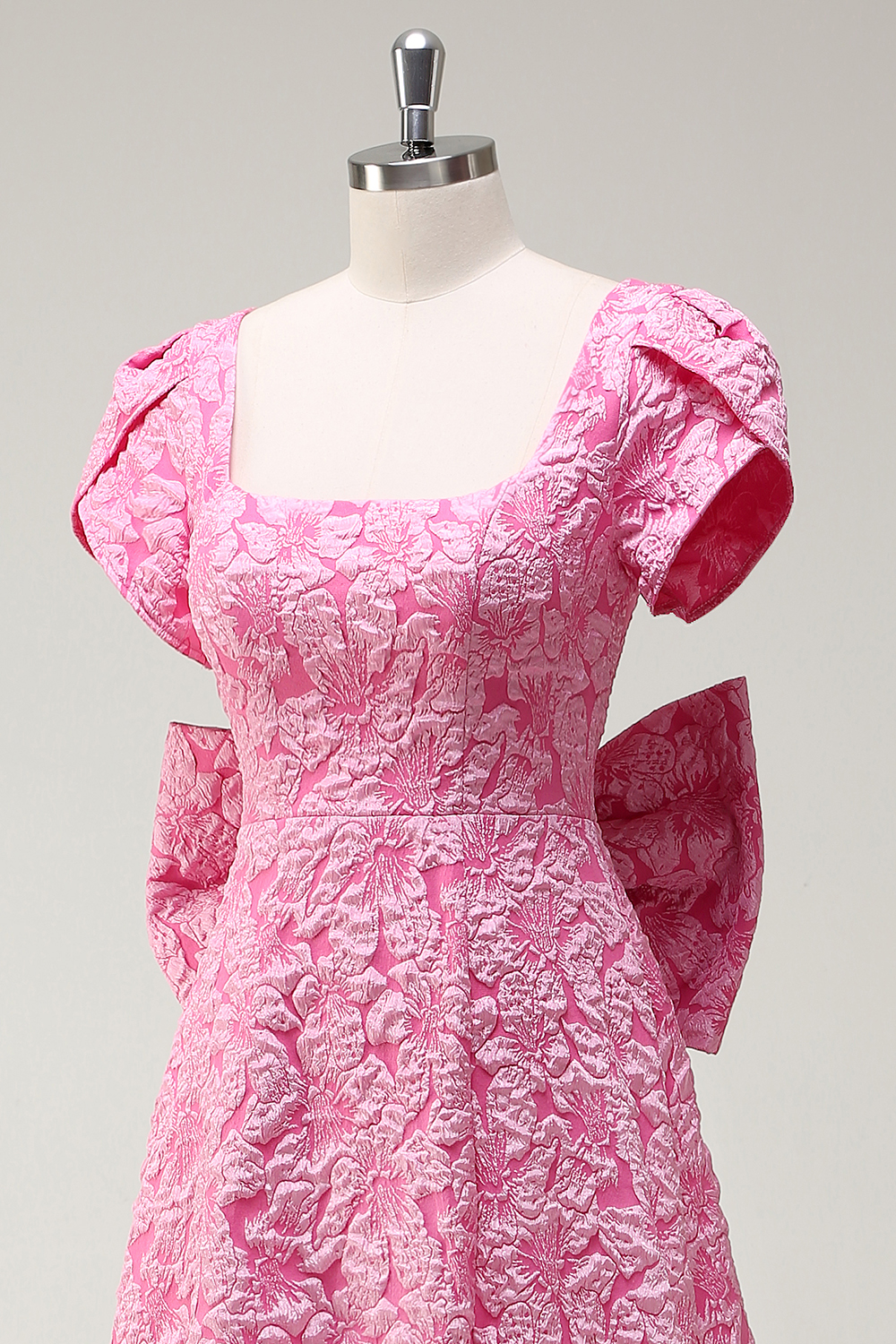 Fuchsia Puff Sleeves Floral Jacquard Square Neck A-Line Long Prom Dress with Slit