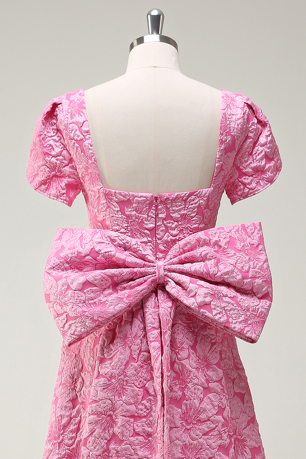 Fuchsia Puff Sleeves Floral Jacquard Square Neck A-Line Long Prom Dress with Slit