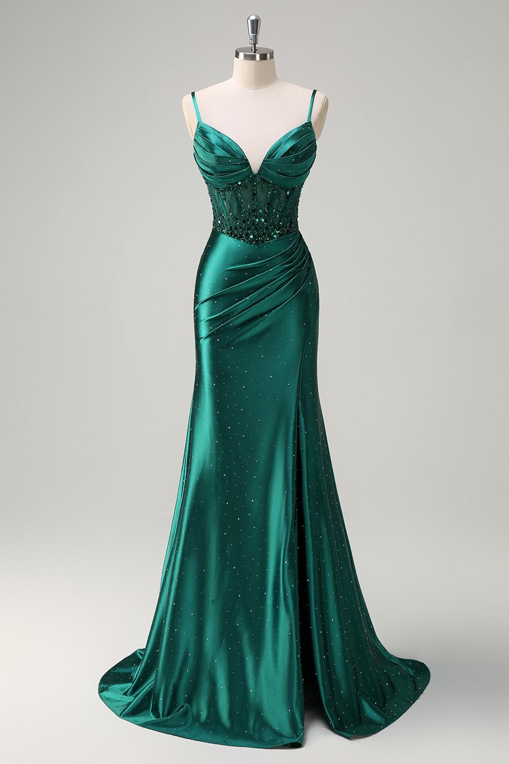 Glitter Dark Green Mermaid Spaghetti Straps Satin Long Corset Prom Dress with Beading