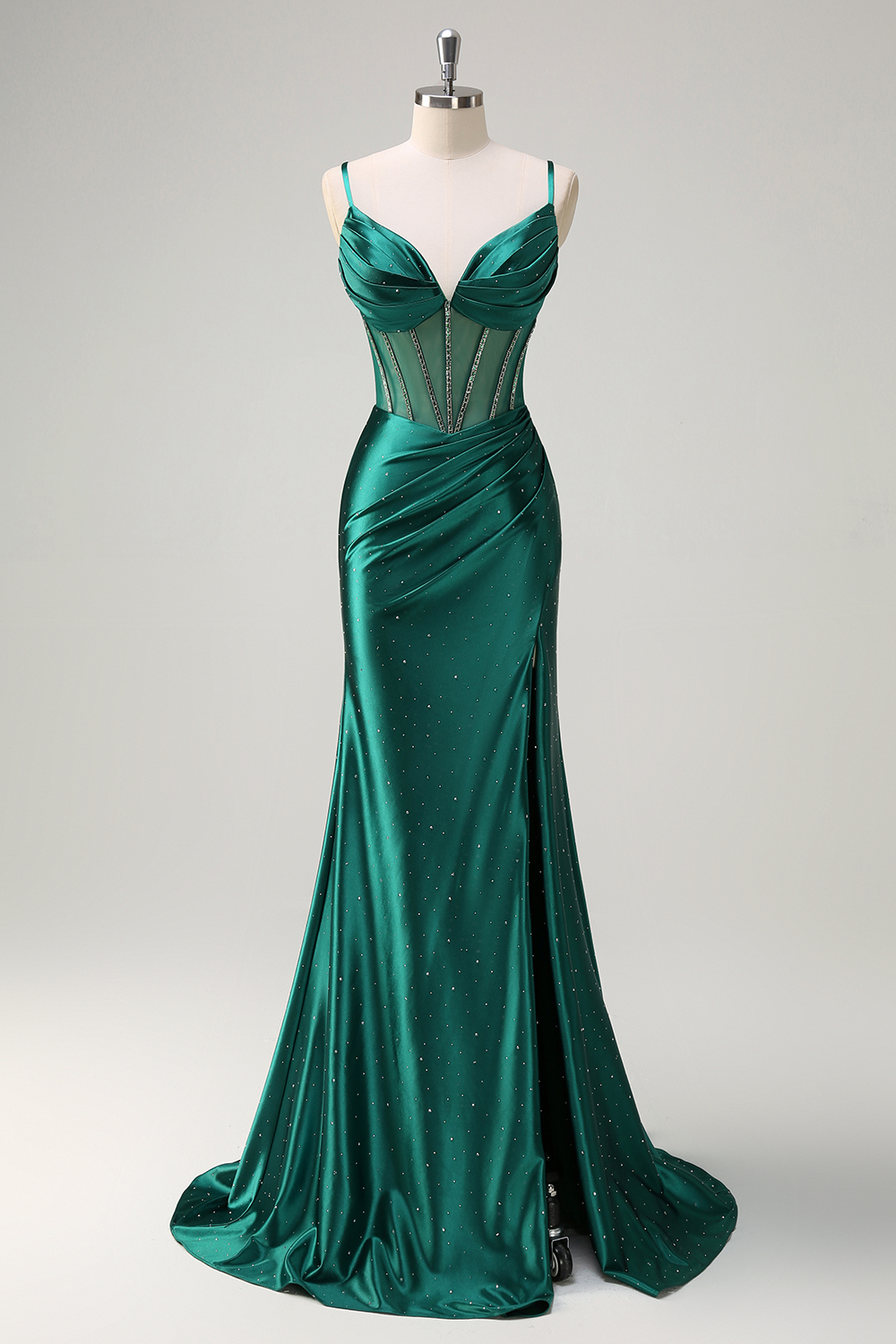Dark Green Mermaid Spaghetti Straps Satin Long Corset Prom Dress with Slit