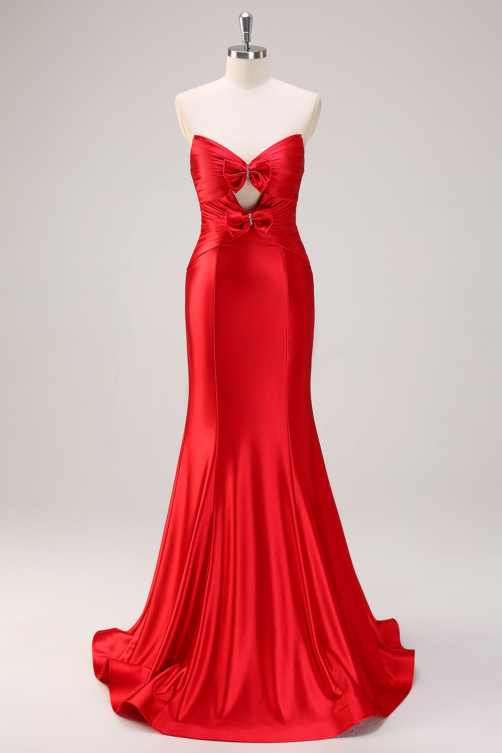 Red Mermaid Strapless Ruched Satin Long Prom Dress with Bows