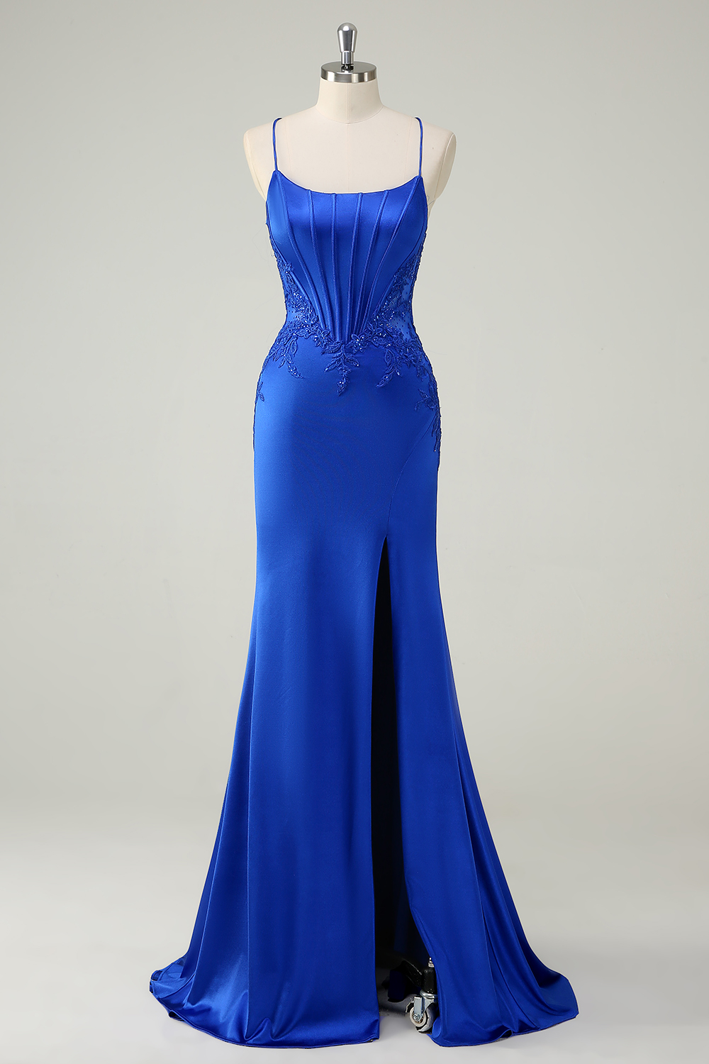 Royal Blue Mermaid Spaghetti Straps Satin Long Corset PromDress with Slit