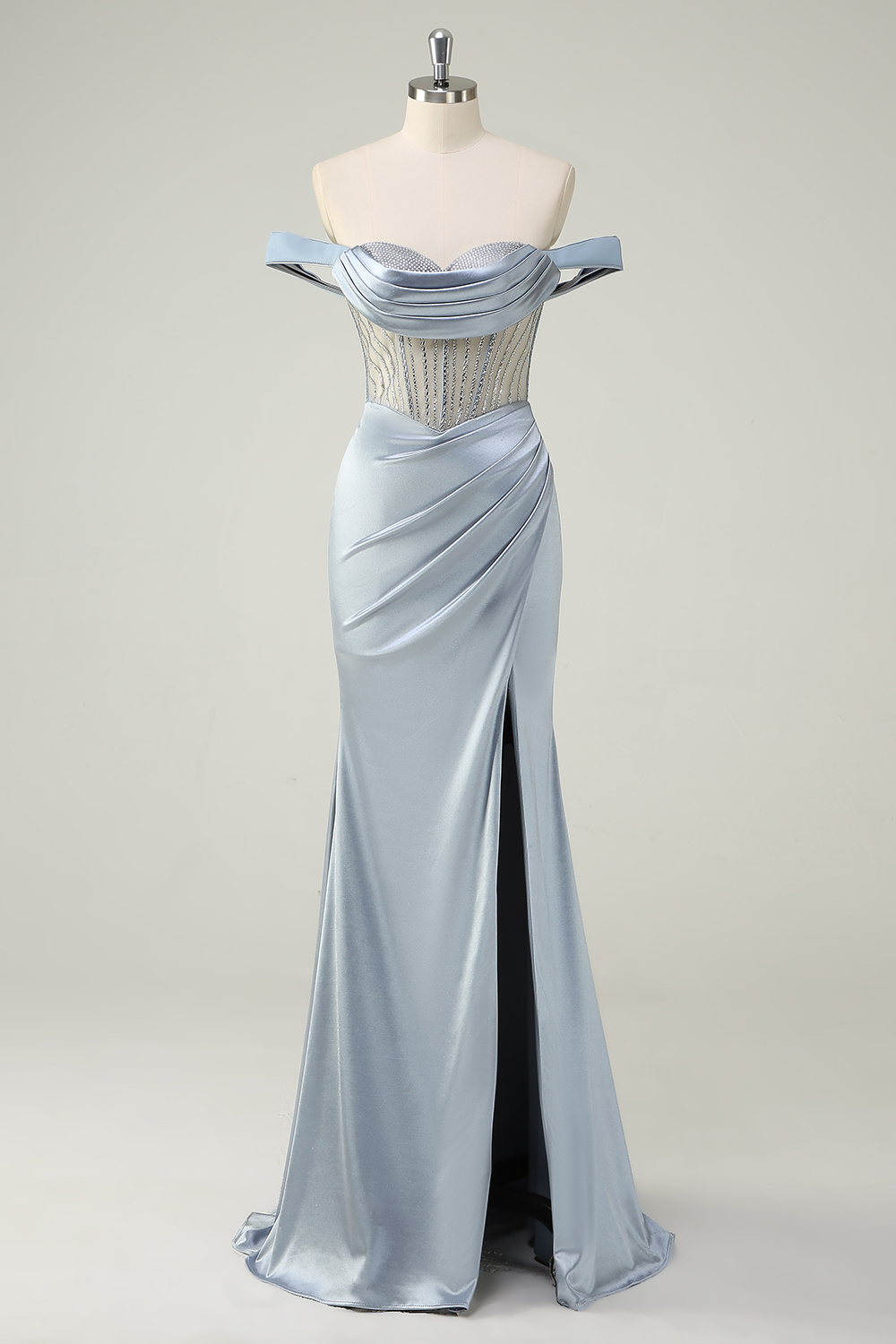 Dusty Blue Off the Shoulder Lace Mermaid Long Corset PromDress with Slit