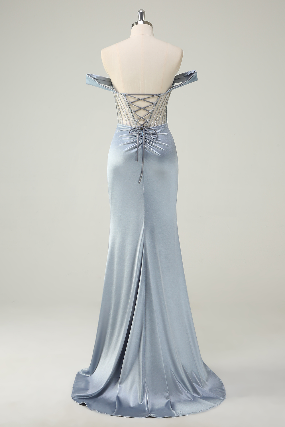 Dusty Blue Off the Shoulder Lace Mermaid Long Corset PromDress with Slit