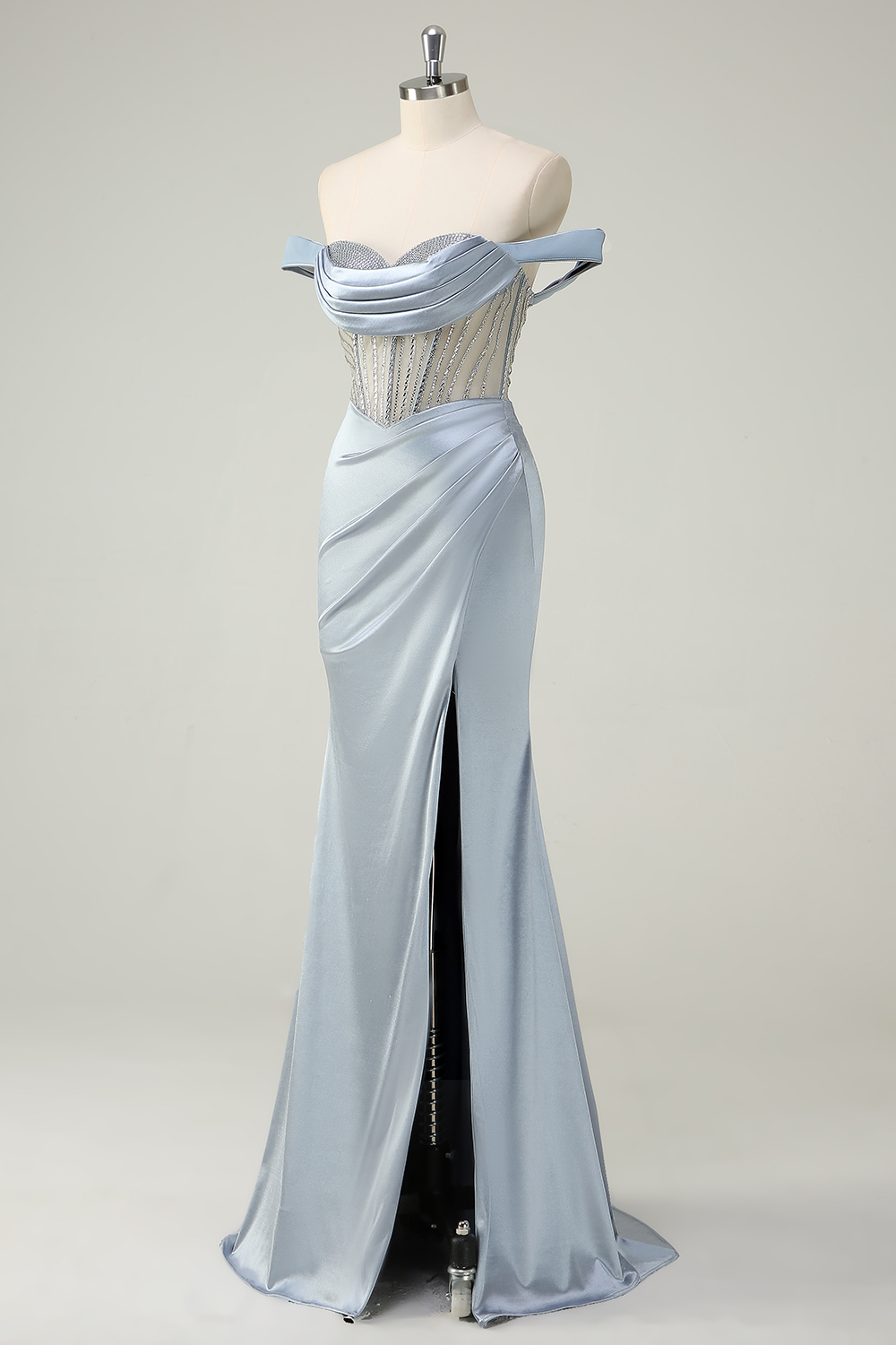 Dusty Blue Off the Shoulder Lace Mermaid Long Corset PromDress with Slit