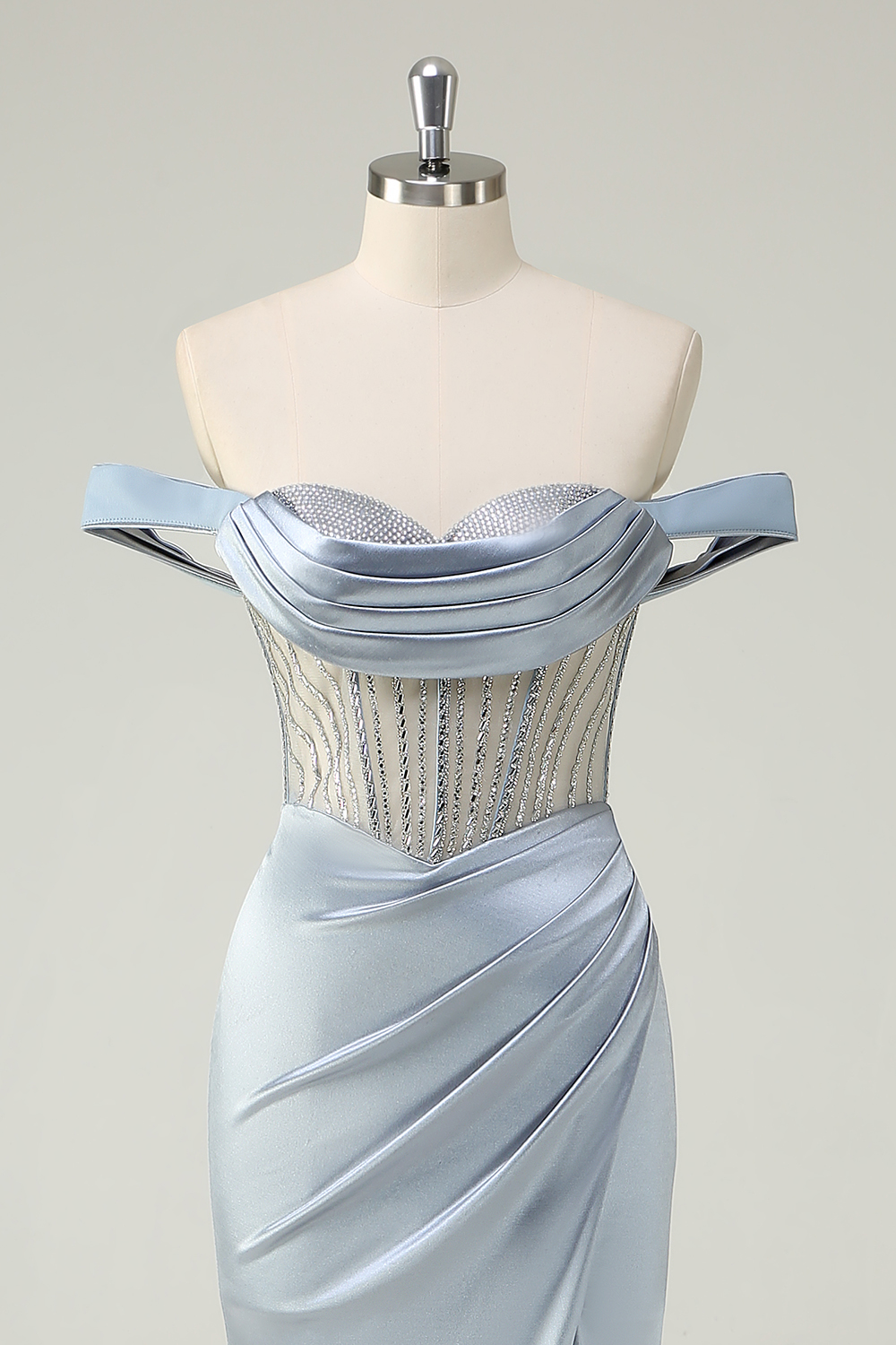 Dusty Blue Off the Shoulder Lace Mermaid Long Corset PromDress with Slit