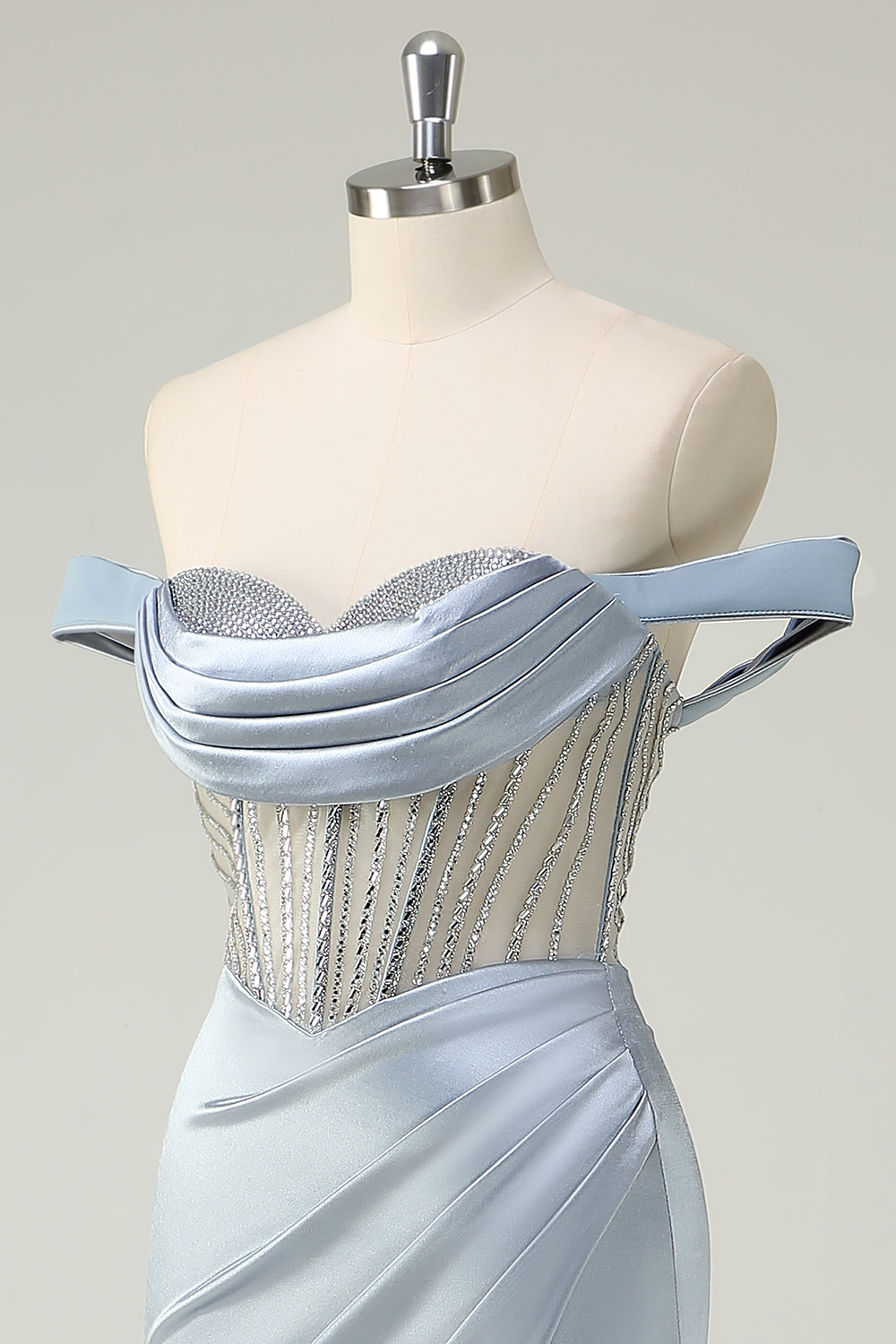 Dusty Blue Off the Shoulder Lace Mermaid Long Corset PromDress with Slit