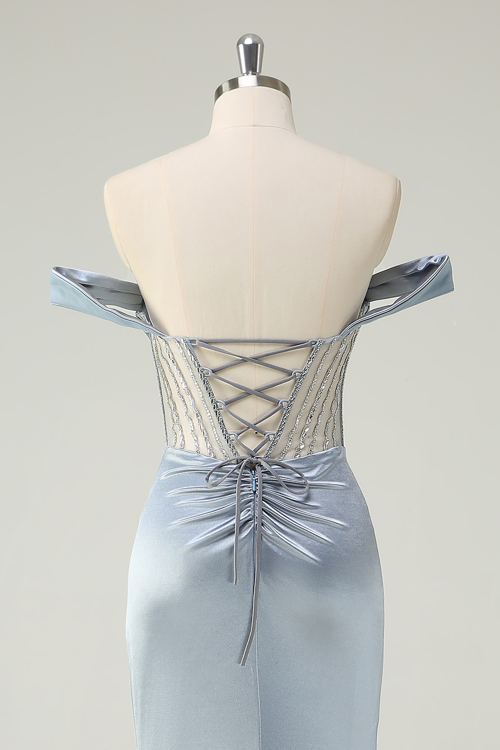 Dusty Blue Off the Shoulder Lace Mermaid Long Corset PromDress with Slit