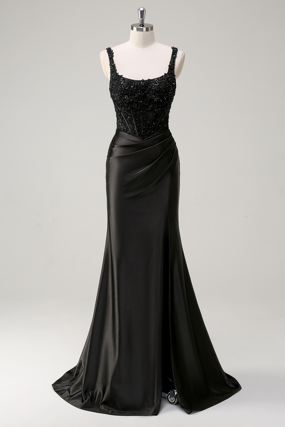 Black Mermaid Satin Spaghetti Straps Sequins Long Corset Prom Dress with Slit
