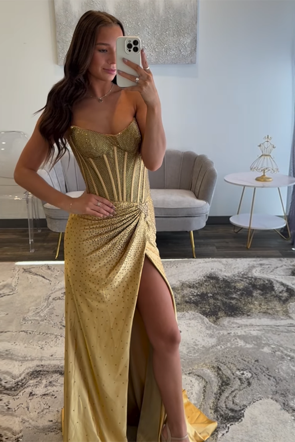 Glitter Golden Sweetheart Mermaid Beaded Long Corset Prom Dress with Slit