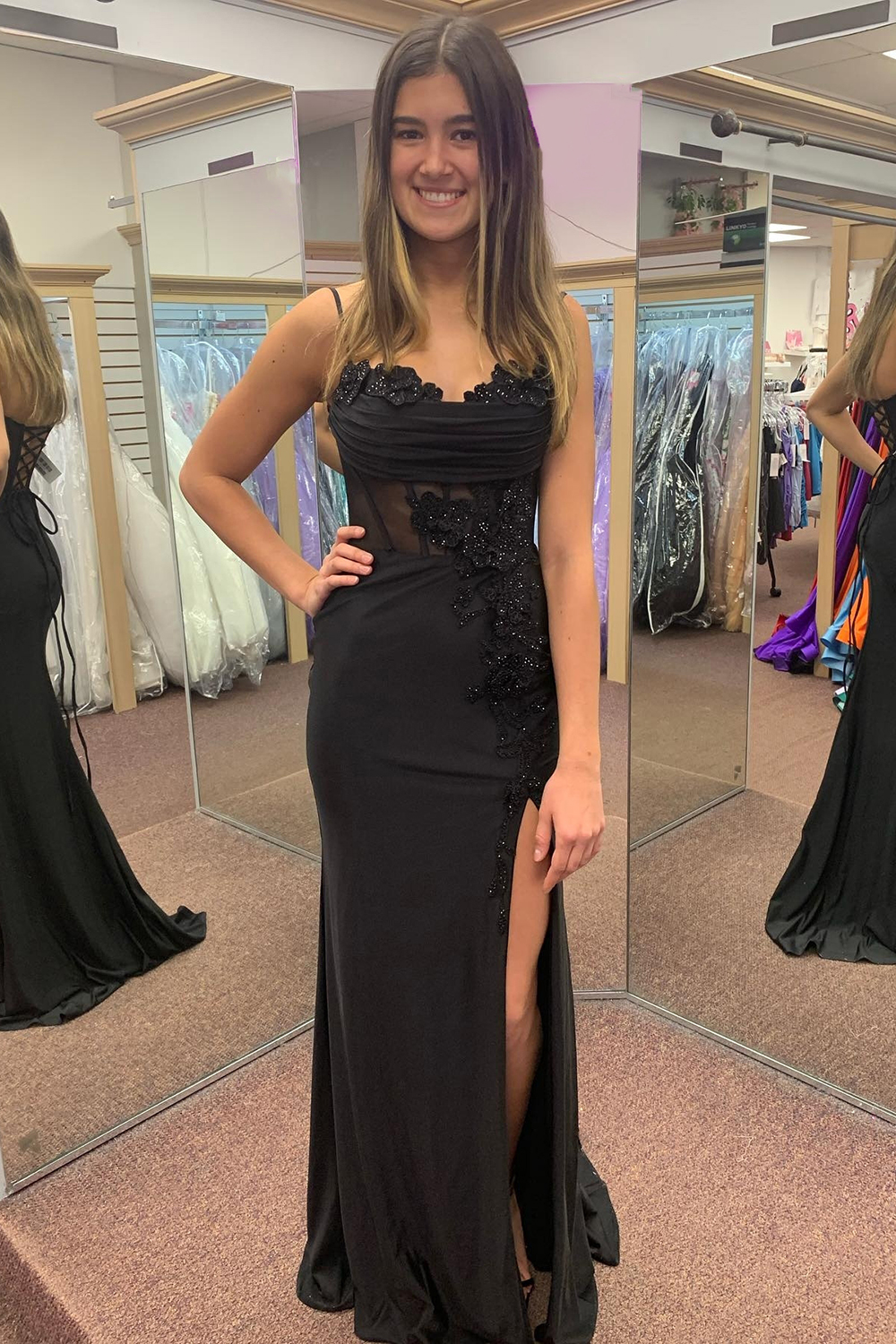 Black Spaghetti Straps Satin Mermaid Appliqued Sheath Long Prom Dress with Slit