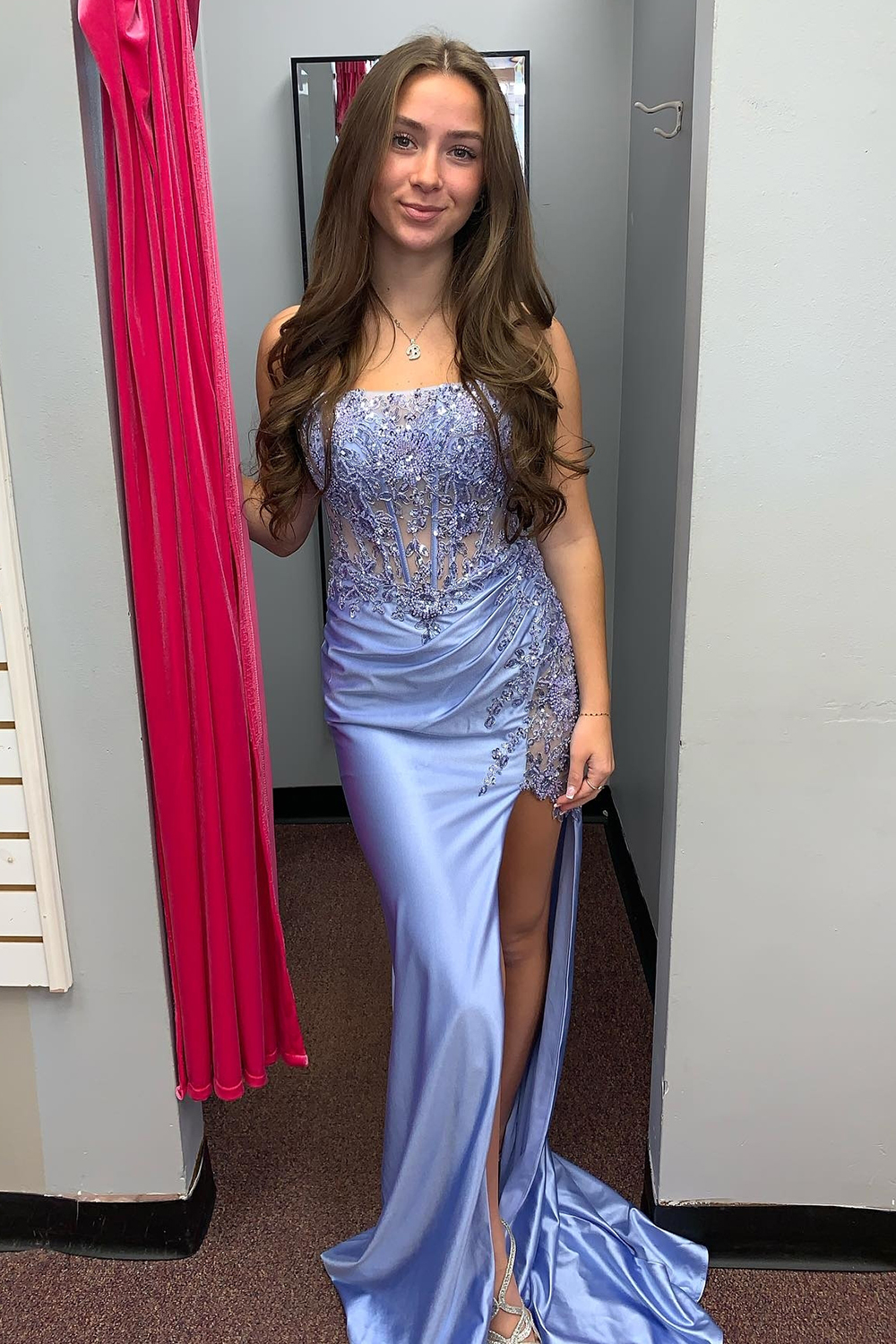Grey Blue Strapless Satin Mermaid Appliqued Long Corset Prom Dress with Slit