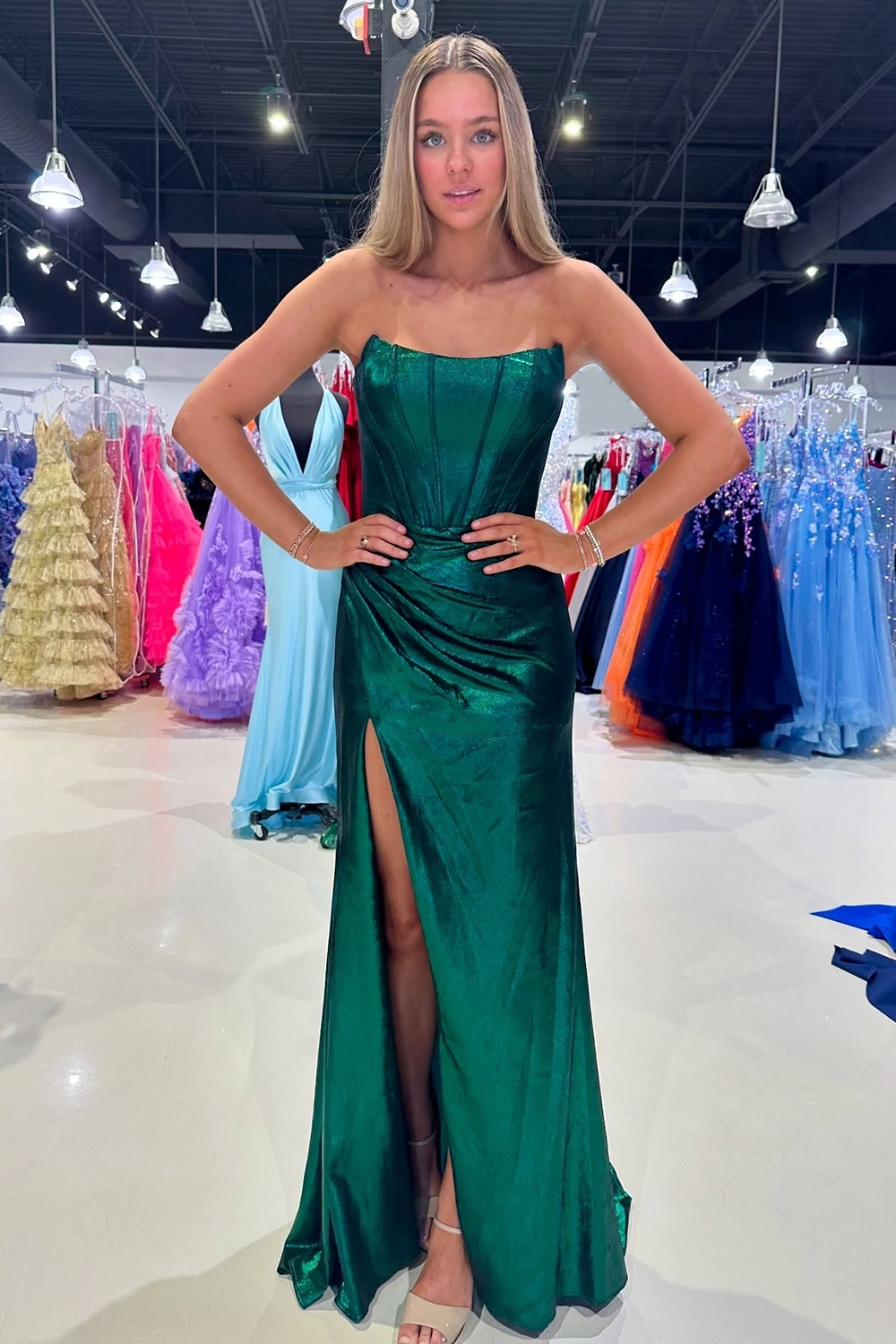 Dark Green Strapless Mermaid Ruched Long Corset Prom Dress with Slit