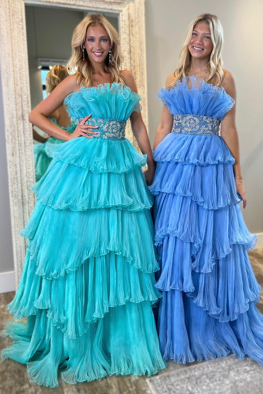 Trendy A Line Strapless Blue Tired Long Prom Dress with Beading