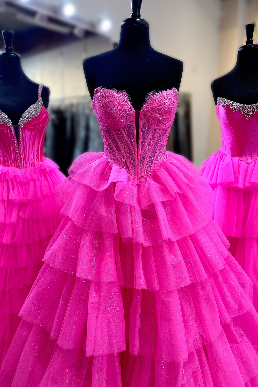 Fuchsia Sweetheart Princess Tulle Tiered Long Corset Prom Dress with Appliques
