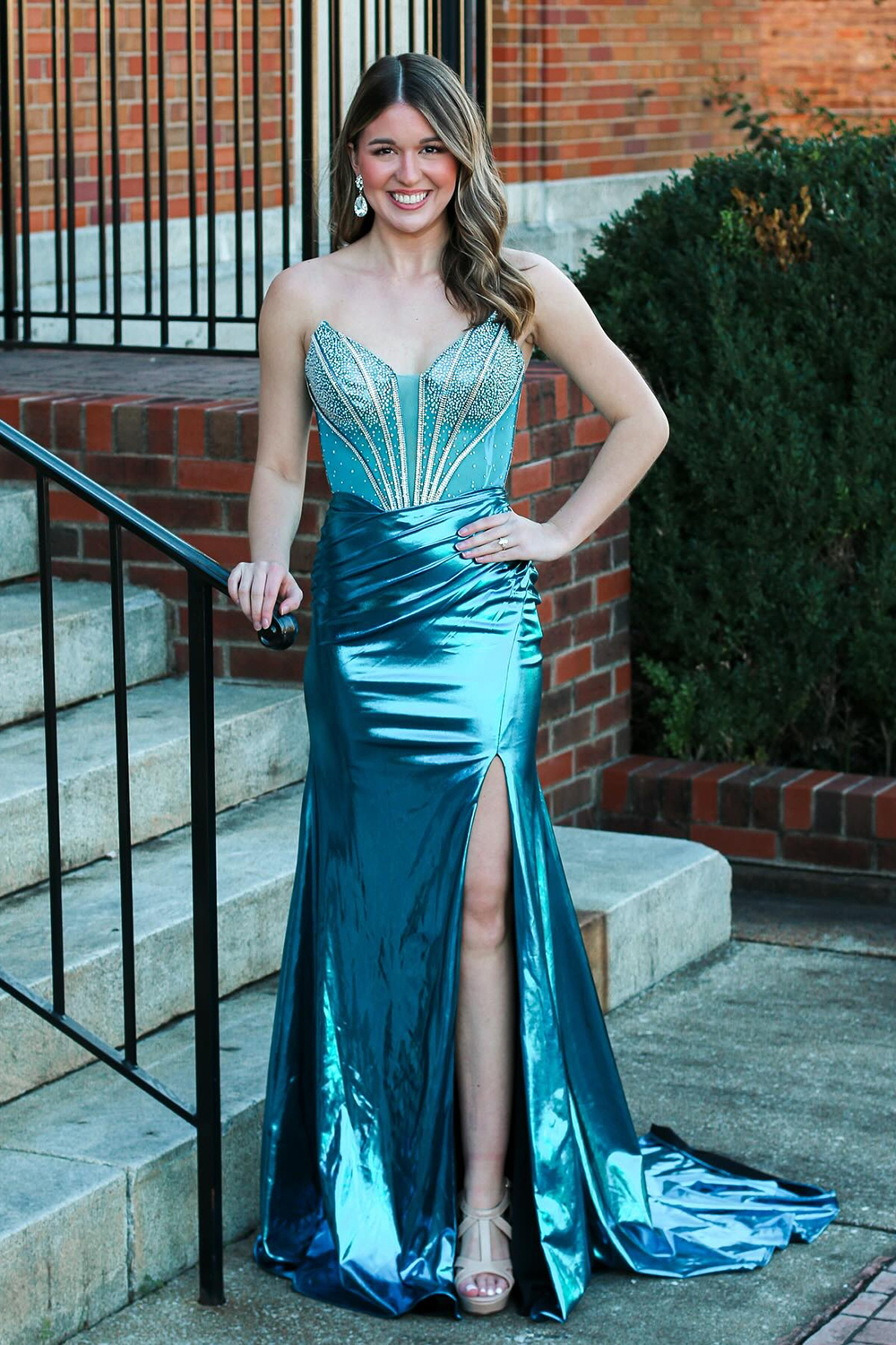 Peacock Blue Metallic Sweetheart Mermaid Beaded Long Corset Prom Dress with Slit