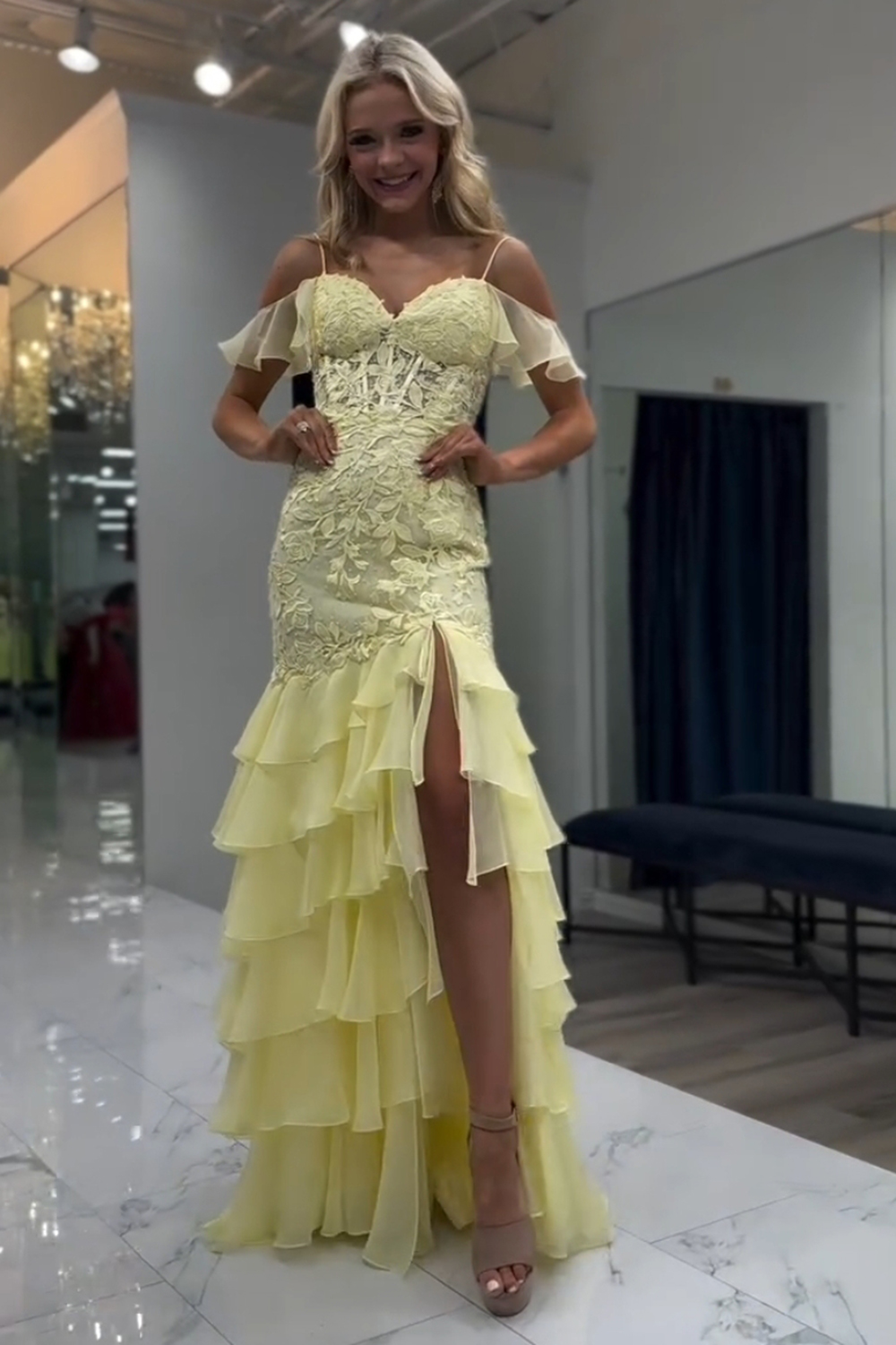Yellow Cold Shoulder Mermaid Chiffon Tired Long Corset Prom Dress with Appliques