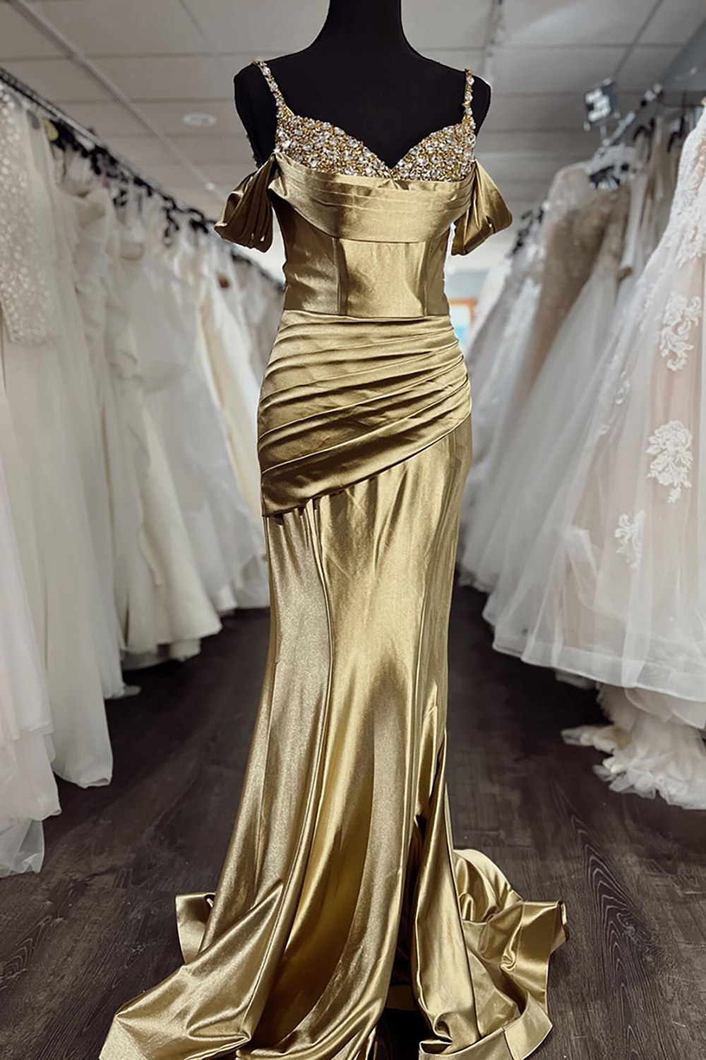 Gold Mermaid Satin Spaghetti Straps Long Prom Dress with Beading
