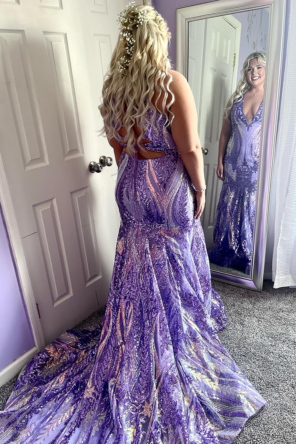 Sparkly Purple Mermaid Sequin V Neck Long Prom Dress