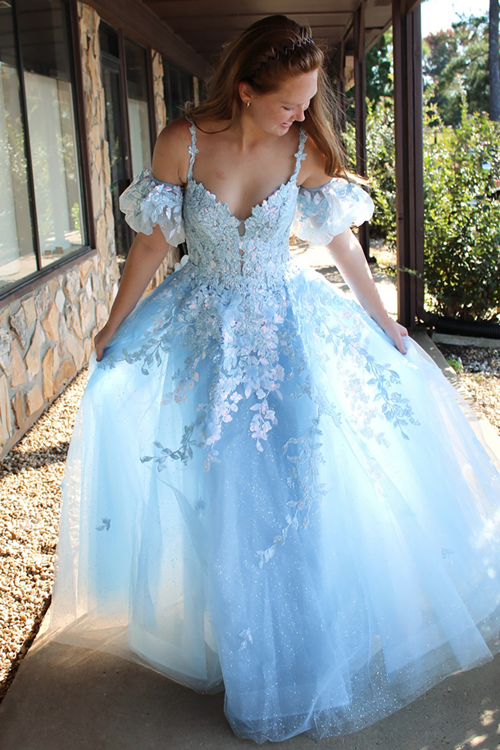 Sparkly Light Blue Spaghetti Straps Princess Tulle Long Prom Dress with Appliques