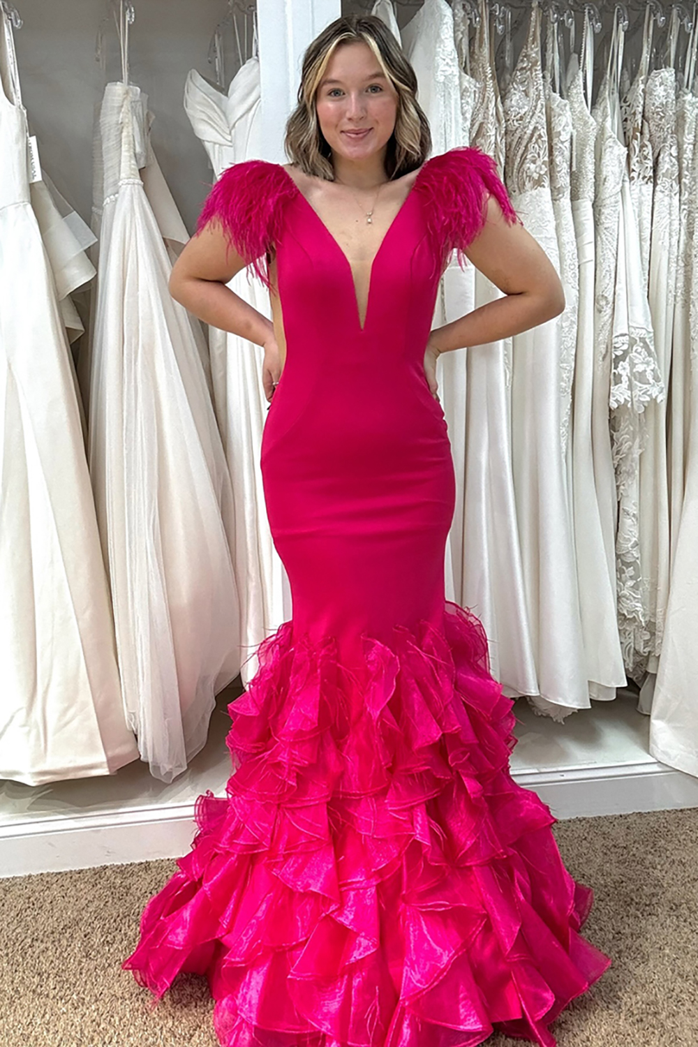 Stylish Fuchsia Mermaid V Neck Ruffled Long Prom Dress with Feather