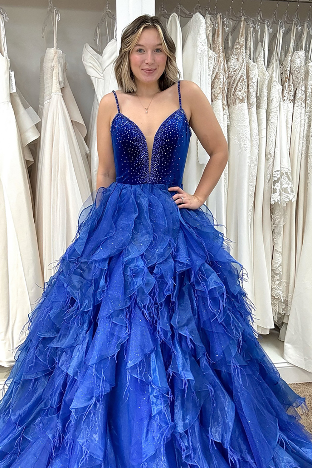 Royal Blue Spaghetti Straps Princess Tulle Tiered Long Prom Dress with Beading