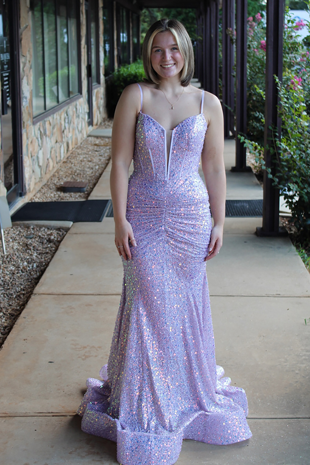 Sparkly Lilac Mermaid Spaghetti Straps Sequin Long Corset Prom Dress