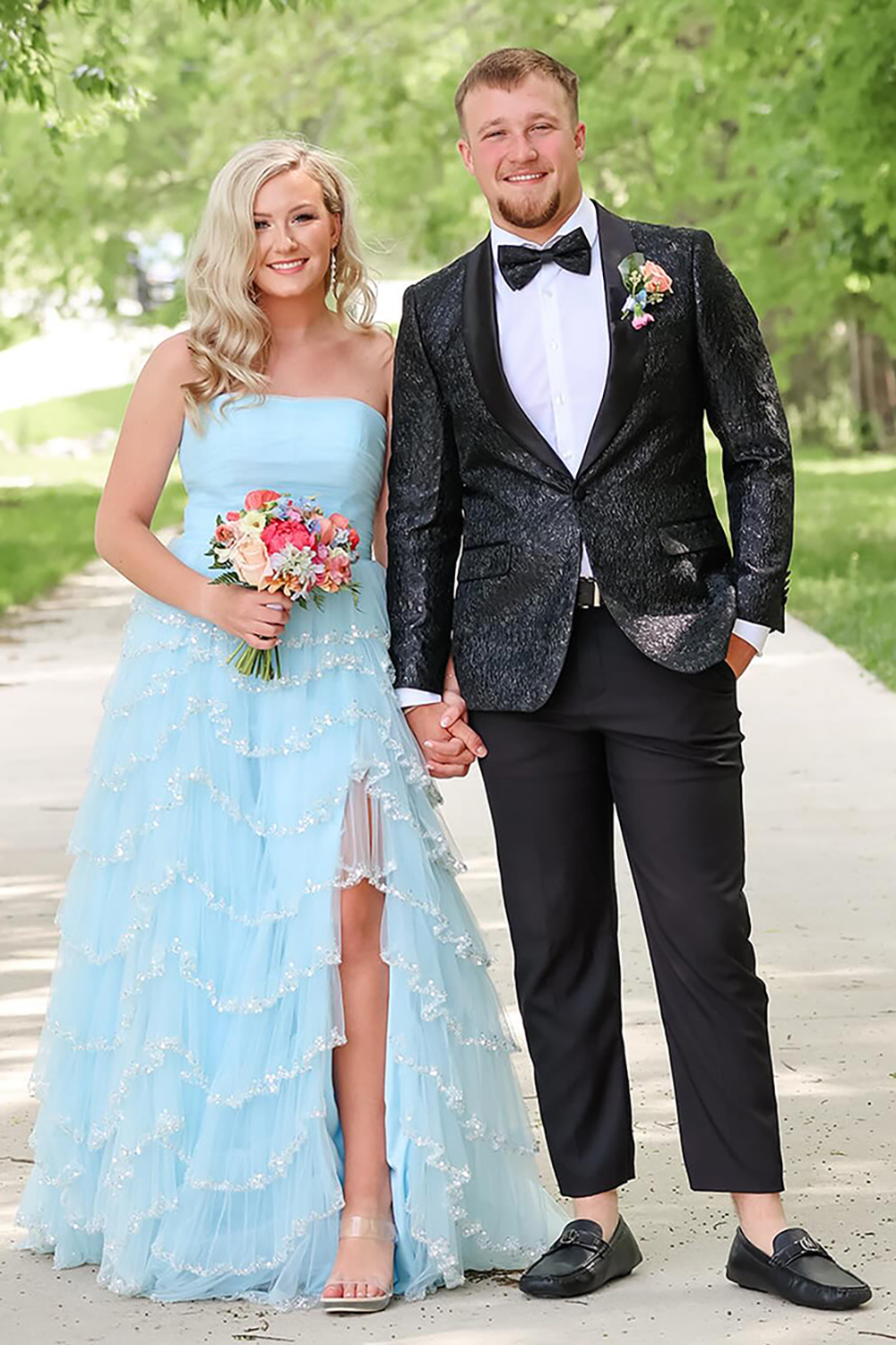 Sparkly Light Blue Strapless Princess Tulle Tiered Long Prom Dress with Slit