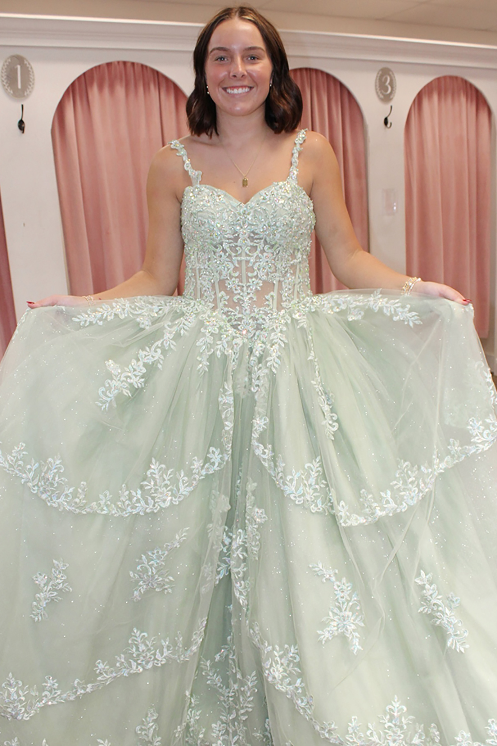Sparkly Light Green Strapless Princess Tulle Tiered Long Corset Prom Dress with Appliques